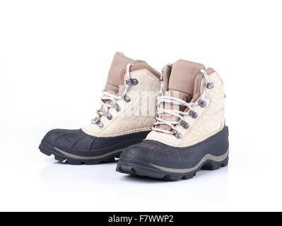 Coppia di prova meteo Snow Boots su sfondo bianco Foto Stock