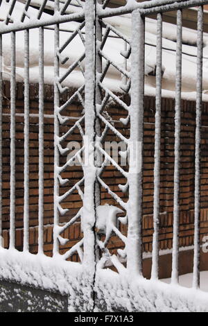 Cancello di ferro ricoperto dalla neve in inverno Foto Stock