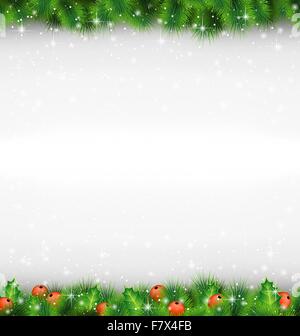 Verde brillante rami di pino come frame con holly ciuffi in snowfa Illustrazione Vettoriale