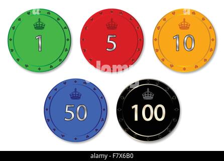 Un set di piccolo taglio chip casino su uno sfondo bianco Illustrazione Vettoriale