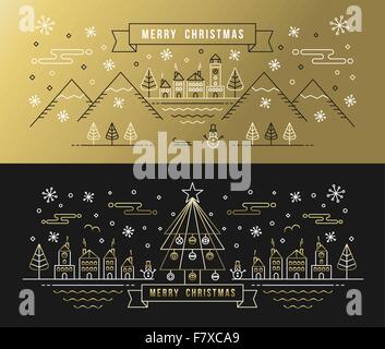 Merry Christmas greeting card impostato in oro nero in stile contorno con città e vacanze inverno elementi. EPS10 vettore. Illustrazione Vettoriale