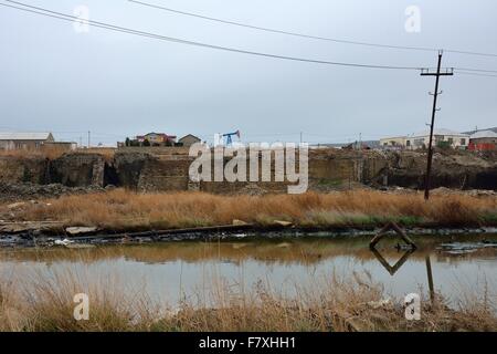 Inquinato on-shore campo di olio sulla periferia di Baku, capitale dell'Azerbaigian Foto Stock