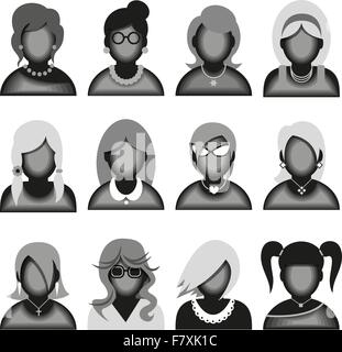 Creative icone moderne avatar con donna persone. Versione in bianco e nero. Illustrazione Vettoriale Illustrazione Vettoriale