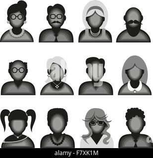 Creative icone moderne avatar con gli uomini e le donne le persone. Versione in bianco e nero.illustrazione vettoriale Illustrazione Vettoriale