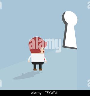 Imprenditore in piedi di fronte a toppa di chiave, vettore EPS10 Illustrazione Vettoriale