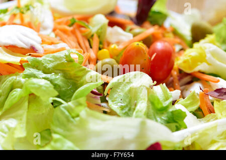 Ingrandimento di una piastra con una insalata verde, realizzata con un mix di assortimento di foglie di insalata, carota, olive, pomodori ciliegia e il granturco dolce Foto Stock