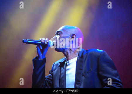 Barclaycard Arena, Birmingham, Regno Unito. 2° dic, 2015. Maxi Jazz suona dal vivo con Faithless. Questo è il loro ventesimo anniversario tour di quattro date nel Regno Unito la promozione del loro nuovo album 2.0 e concerti a venire sono a Londra e Manchester. Credito: Terry Mason/Alamy Live News Foto Stock