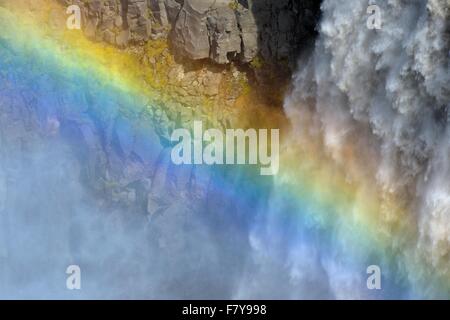 Cascata di Dettifoss, rainbow, dettaglio, Islanda Foto Stock