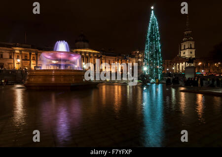 Londra, Regno Unito. Il 3 dicembre 2015. Il nuovo albero di Natale illuminato in Trafalgar Square. L'abete norvegese tree è donato annualmente dalla città di Oslo per il popolo di Londra ogni anno come segno di gratitudine per la Gran Bretagna è il sostegno durante la Seconda Guerra Mondiale. Credito: Stephen Chung / Alamy Live News Foto Stock