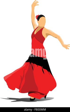 Bella giovane donna ballare Flamenco isolato su bianco. Vettore Illustrazione Vettoriale