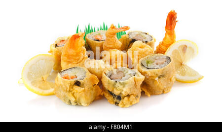 Gamberi fritti con sushi roll Foto Stock