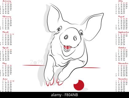Calendario 2019 in vettore isolato su sfondo bianco. L'anno del maiale. Inizia settimana da domenica. Illustrazione Vettoriale