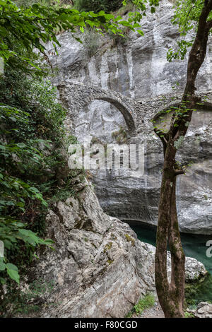 Il vecchio ponte di Saorge. Saorge è una bellissima città medievale nel dipartimento delle Alpi Marittime nel sud-est della Francia. Foto Stock