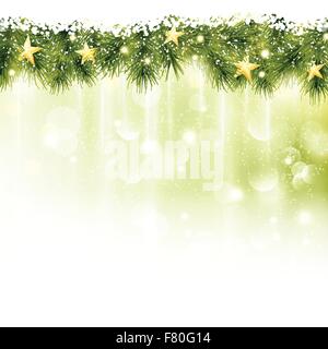 Confine di Abete rami con stelle dorate in morbida luce sfondo verde Illustrazione Vettoriale