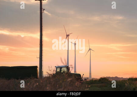 Mietitrebbia all'alba. Le turbine eoliche in background dietro allo sbiadimento di colore arancio solare. Foto Stock