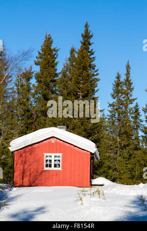 Rosso tipica baita norvegese circondato dalla neve nella foresta a nord di Oslo Foto Stock