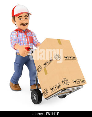 3d lavoro di persone. corriere consegna uomo spingendo un carrello con scatole isolati a sfondo bianco. Foto Stock