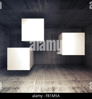 Abstract calcestruzzo scuro interno con tre bianco cubetti di volare come un banner posto, 3d lo sfondo dell'illustrazione Foto Stock