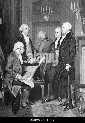 HENRY KNOX (1750-1806) Segretario della guerra con seduti da sinistra Thomas Jefferson, Alexander Hamilton il Presidente George Washington circa 1790 Foto Stock