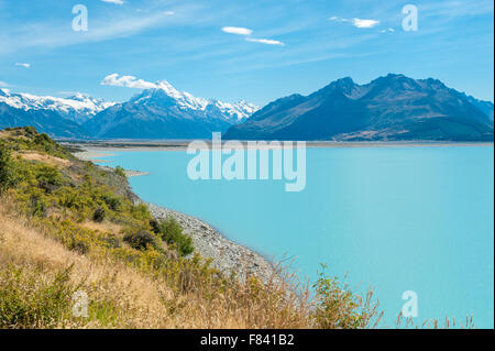 Lago Pukaki e Mount Cook, isola del Sud, Nuova Zelanda Foto Stock