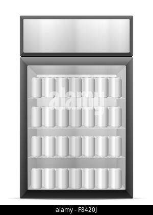 Visualizzare frigo con bevande lattine su uno sfondo bianco. Foto Stock