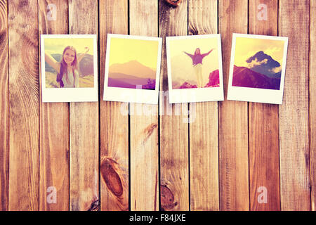 Grande memoria dalle vacanze. Instant polaroid foto frame sullo sfondo di legno. Foto Stock