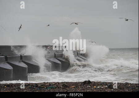 Durante la tempesta Desmond, gabbiani battaglia contro i venti alti come grandi onde infrangersi contro la parete del mare a Brighton Marina in Brighton, East Sussex, Inghilterra. Foto Stock