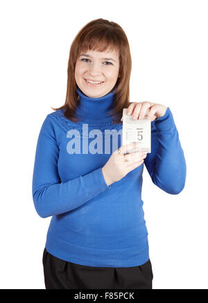 Ragazza foglio di puntamento calendario. Isolato su bianco Foto Stock