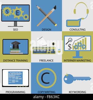 Il set di icone di concetto di lavoro remoto. Seo e progettazione, consulenza e formazione a distanza, freelance e internet marketing, programmazione Foto Stock