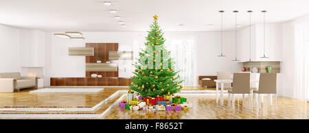 Natale moderno interno con abete panorama 3d rendering Foto Stock