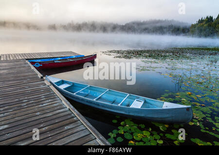 Canoe sulla riva di un lago, lago Olandese, Clearwater, British Columbia, Canada Foto Stock
