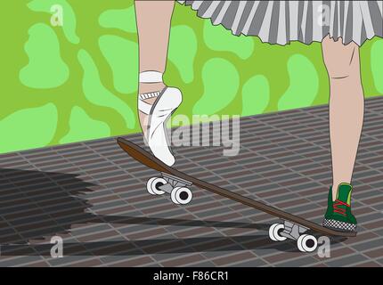 Le gambe di una ballerina su uno skateboard. I piedi calzati in sneakers e scarpe da ballo. Moderna moda. Illustrazione Vettoriale Illustrazione Vettoriale