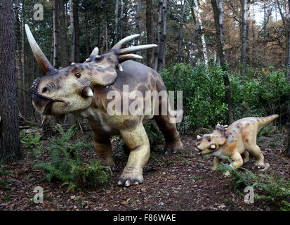Styracosaurus (spiked lucertola) dinosauro con giovani, Cretaceo era dino realistiche statue Dinopark Zoo di Amersfoort, Paesi Bassi Foto Stock
