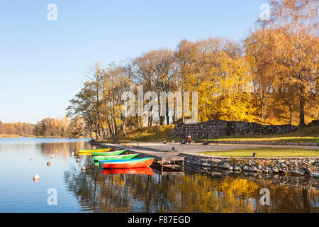 Colorate barche a remi ormeggiate sul lago con riflessi e colori autunnali, Lago di Galve, Trakai, una città storica e resort in Lituania Foto Stock