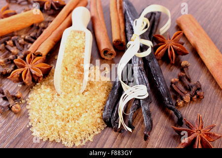 Brown canna da zucchero sul cucchiaio, fresco e fragrante baccelli di vaniglia e bastoncini di cannella, anice stellato e chiodi di garofano sulla superficie di legno plank Foto Stock