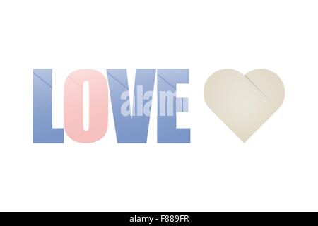 Stile origami iscrizione e carta simbolo del cuore isolato su sfondo bianco. vettore Valentines Day adesivi Illustrazione Vettoriale