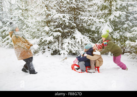 Piccoli Amici equitazione sulla slitta in winter park Foto Stock