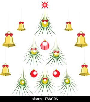 Set di astratta verde albero di Natale con le sfere e le campane. EPS10 illustrazione vettoriale Illustrazione Vettoriale