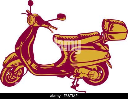 Illustrazione di uno scooter bici stile vintage visto dal lato impostato su isolato sfondo bianco fatto in xilografia retrò stile. Foto Stock