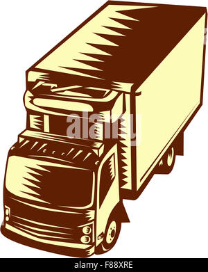 Illustrazione di un camion frigo visto da hi-angolo impostato su sfondo isolato fatto rétro xilografia stile. Foto Stock