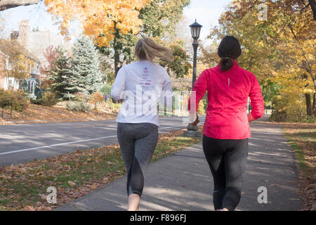 Donna jogging lungo la pista asfaltata sulla bella giornata d'autunno. A nord del fiume Mississippi Boulevard St Paul Minnesota MN USA Foto Stock