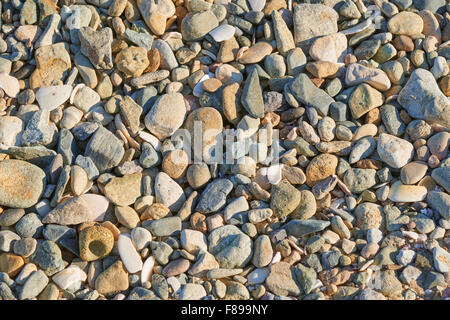 Primo piano di ciottoli naturali con una luce calda su una spiaggia Foto Stock
