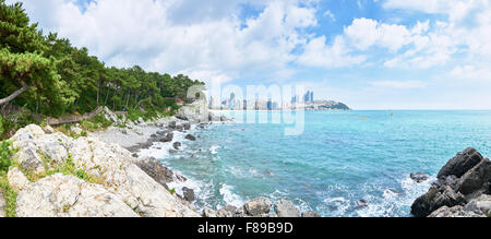 Trekking lungo la costa di Isola Dongbaek in Busan. Si trova vicino alla Spiaggia di Haeundae. Foto Stock