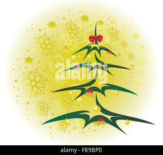Albero di natale con palline dorate e coni sfondo con i fiocchi di neve. EPS10 illustrazione vettoriale Illustrazione Vettoriale