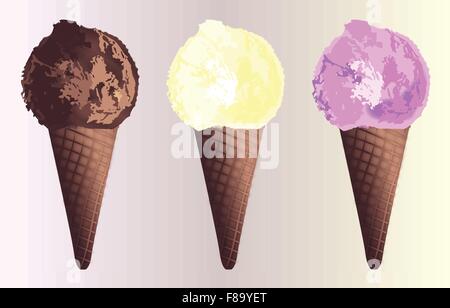Tre gelato alla vaniglia arriva alle fragole e cioccolato su uno sfondo colorato Illustrazione Vettoriale