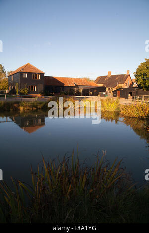 Agriturismo Cottage riflessa in un grande stagno a Cratfield Suffolk in Inghilterra Foto Stock