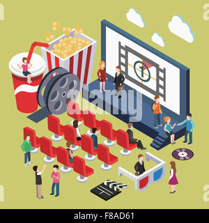 Immagini di persone al cinema con popcorn, coke, film,occhiali 3D e battaglio board Foto Stock