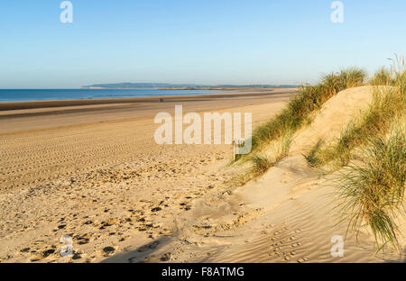 Sunrise oltre le dune di sabbia sul sistema giallo sabbia spiaggia dorata Foto Stock