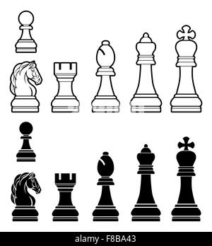 Un set completo di pezzi di scacchi in bianco e nero Foto Stock