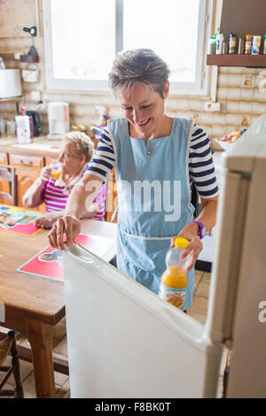 Home care aiuto assistendo donna anziana, Dordogne, Francia. Foto Stock